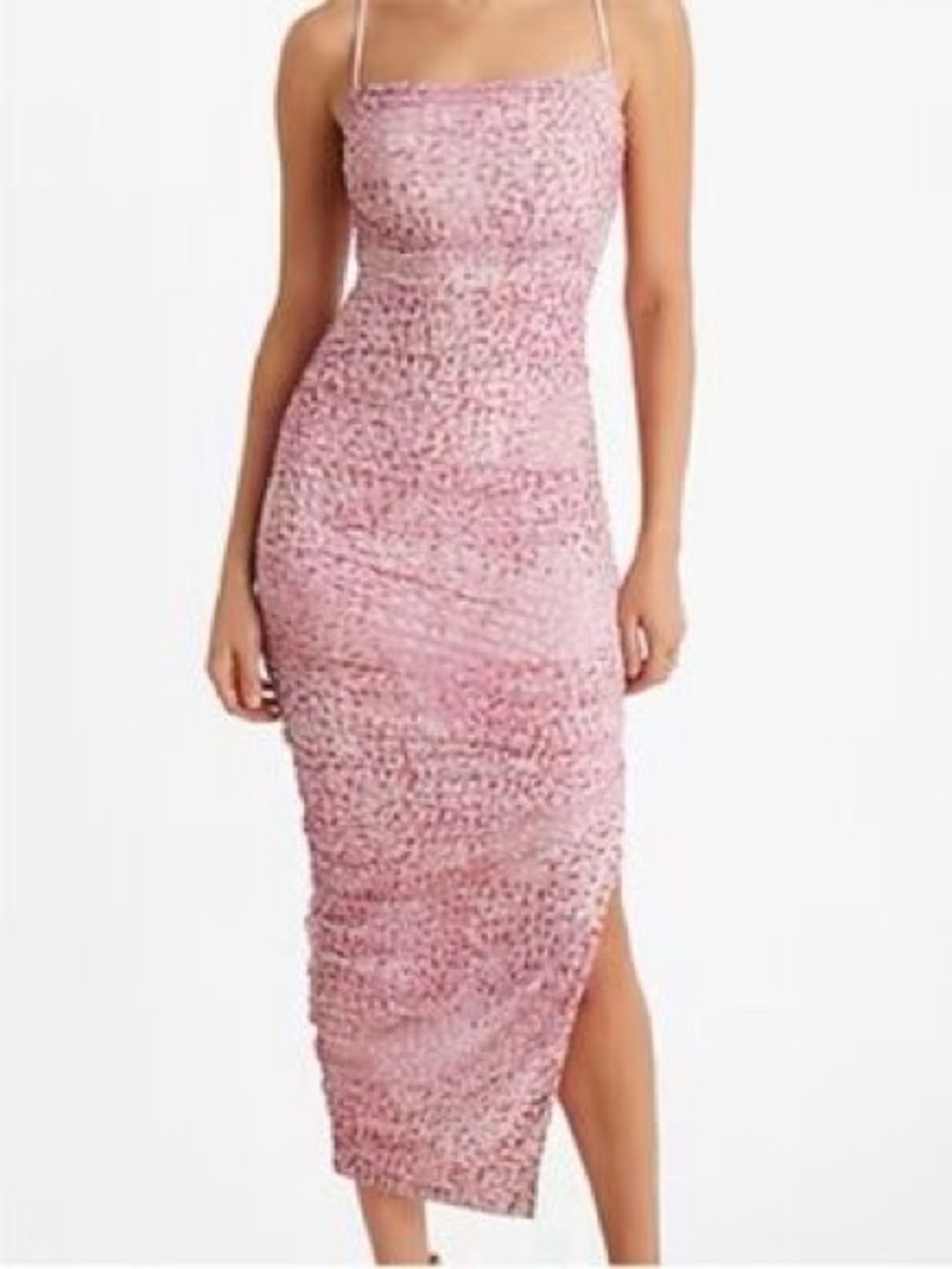 NWT Express Ruched Pink Spaghetti-Strap Midi Dress Large Assymetrical